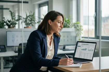 Femme d'affaires en réunion avec ordinateur portable