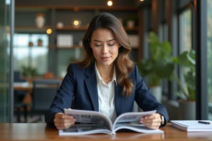 Femme daffaires en bureau moderne lisant magazine