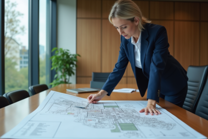 Femme d'affaires observant une carte industrielle dans un bureau