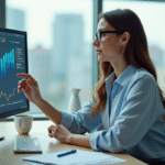 Femme en blouse analysant des données marketing sur un écran