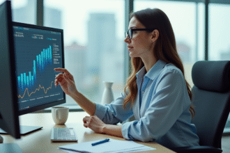 Femme en blouse analysant des données marketing sur un écran