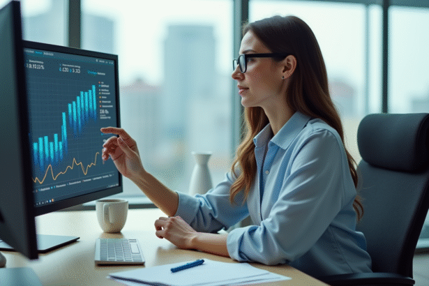 Femme en blouse analysant des données marketing sur un écran