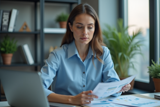 Femme concentrée analysant des graphiques sur son ordinateur