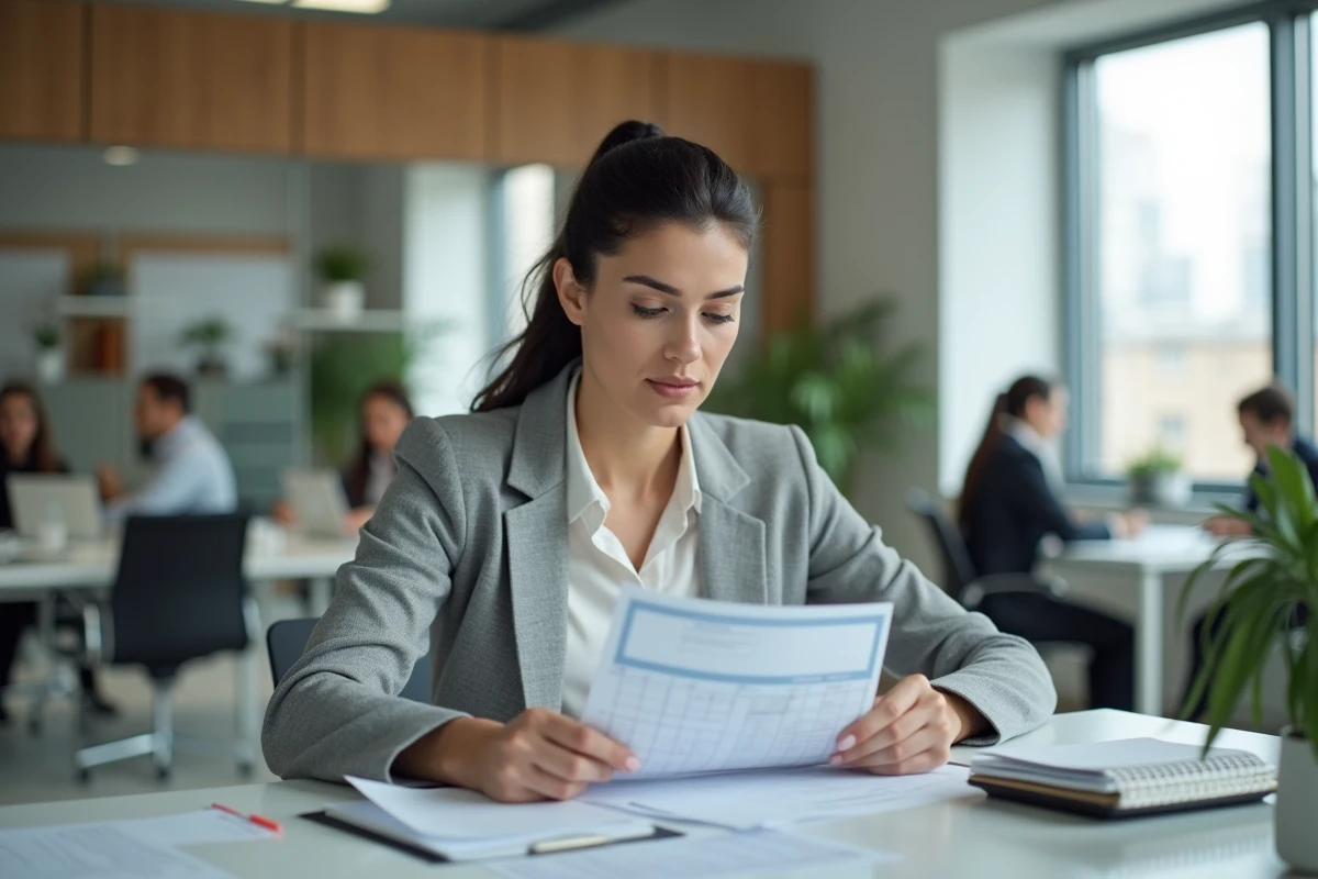 Femme en bureau analysant des fiches de paie et un calendrier mensuel pour comparer les horaires de travail