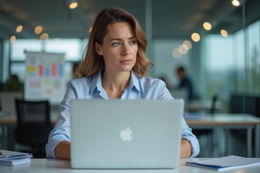 Femme d affaires concentrée au bureau avec ordinateur