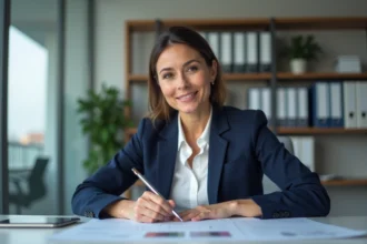 Femme confiante en bureau moderne avec plan d'affaires