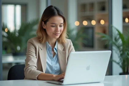 Femme au bureau se connectant à un portail employé