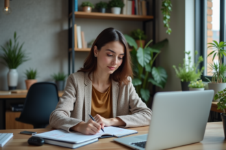 Jeune femme au bureau connecté aux réseaux sociaux