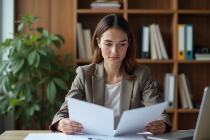 Femme professionnelle examinant deux documents au bureau