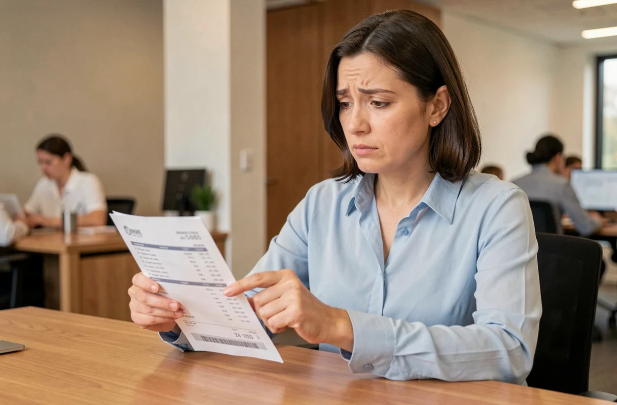 Femme en bureau examinant une fiche de paie pour comprendre la différence entre jours ouvrés et jours ouvrables