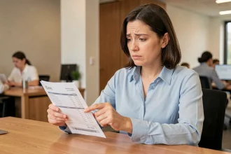 Femme en bureau examinant une fiche de paie pour comprendre la différence entre jours ouvrés et jours ouvrables