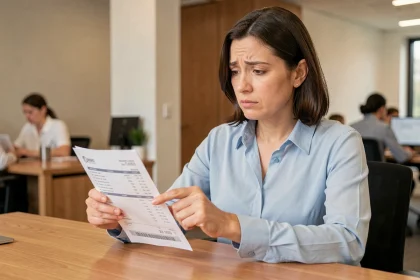 Femme en bureau examinant une fiche de paie pour comprendre la différence entre jours ouvrés et jours ouvrables