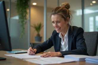 Femme inquiète au bureau face au logo France Travail