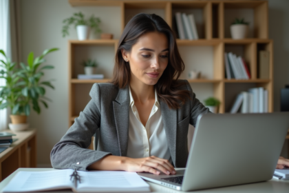 Femme en tenue professionnelle travaillant à domicile