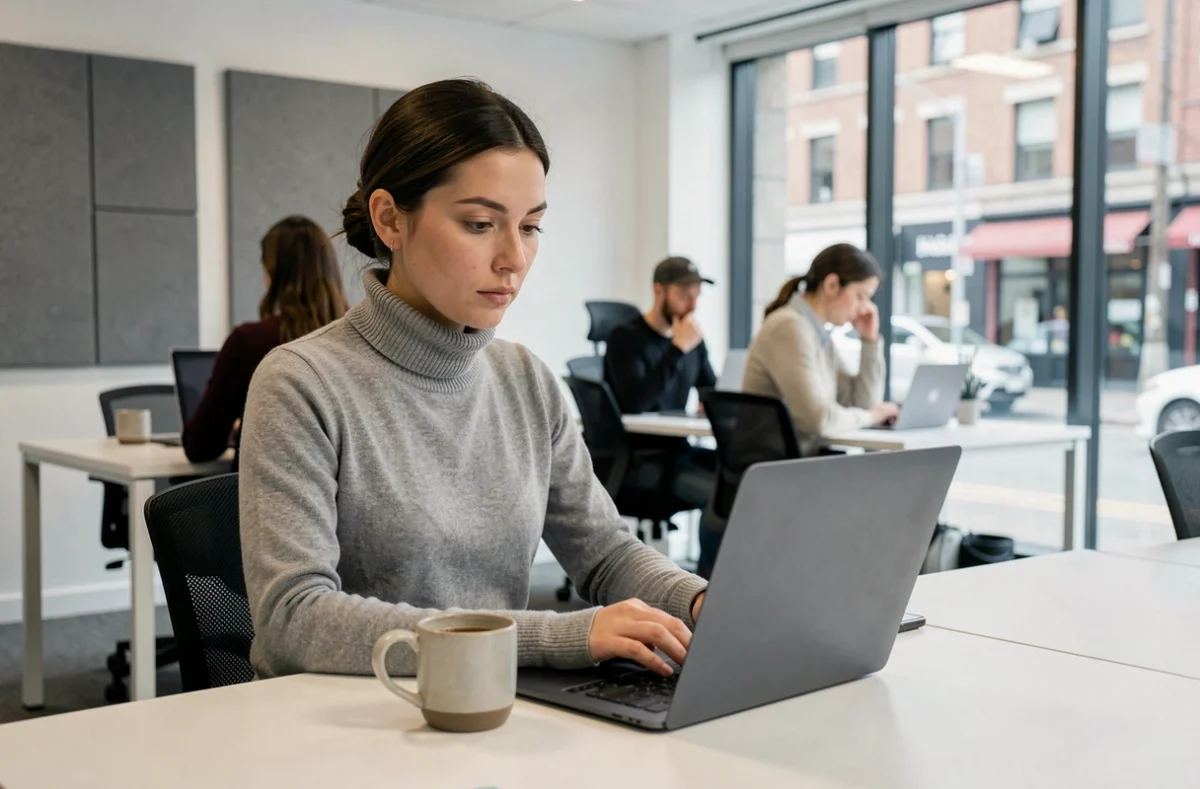 Femme professionnelle concentrée à un bureau individuel dans un espace de coworking lumineux avec vue sur la ville