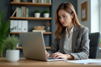 Jeune femme professionnelle travaillant sur son ordinateur dans un bureau moderne