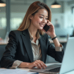 Femme en bureau moderne parlant au téléphone