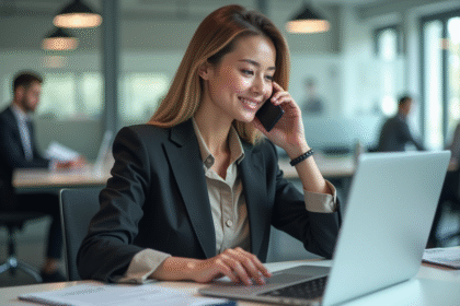 Femme en bureau moderne parlant au téléphone