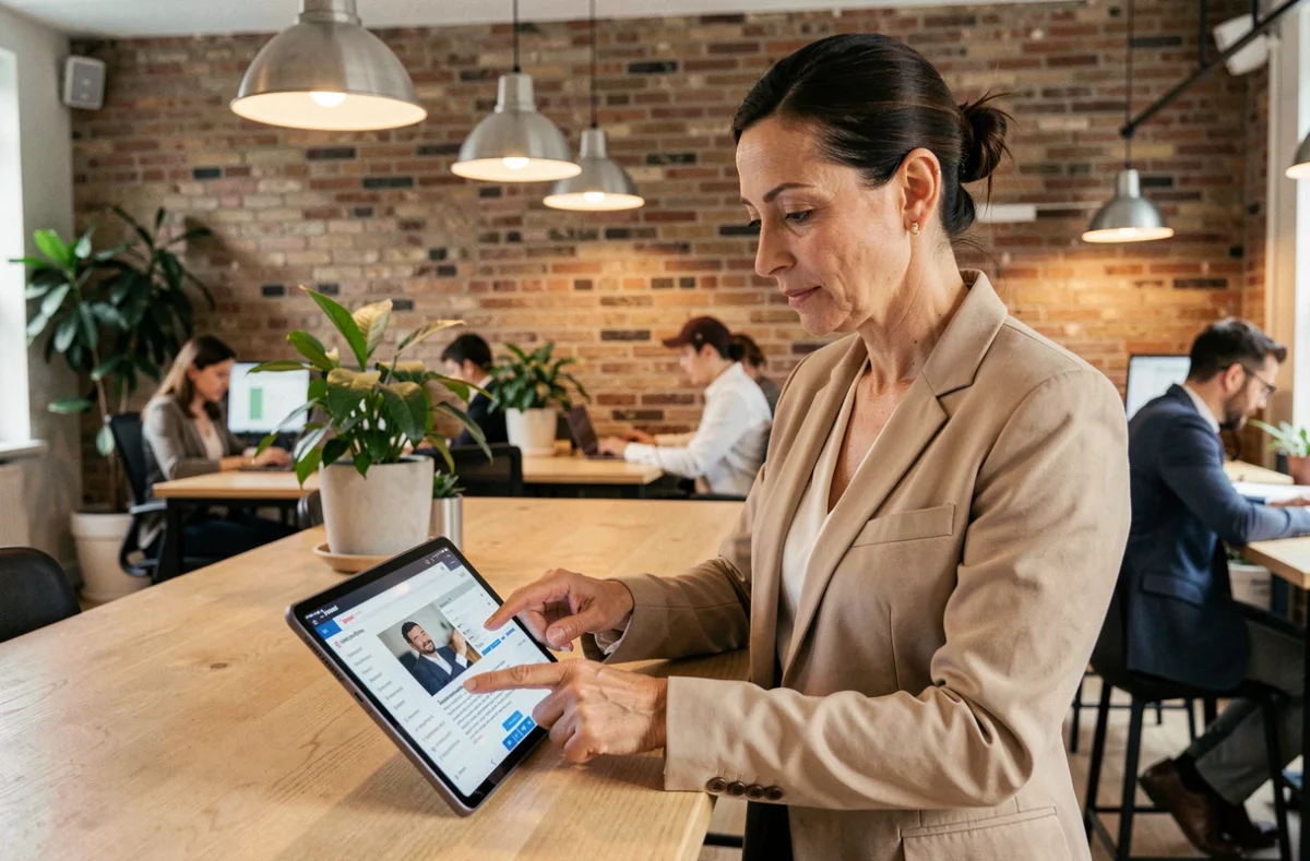 Femme cadre consultant un site d'analyse de performance business sur tablette dans un espace de coworking parisien