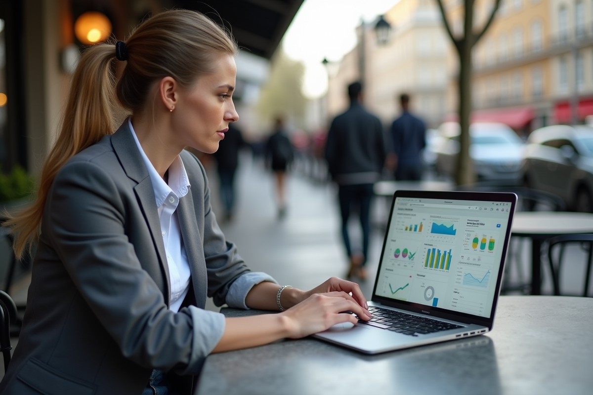 Femme assise au cafe analysant des graphiques sur son ordinateur