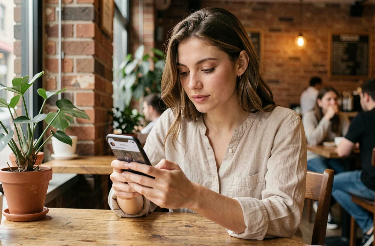 Jeune femme consultant Instagram sur son smartphone dans un café, idéale pour illustrer les meilleures heures de publication sur Instagram