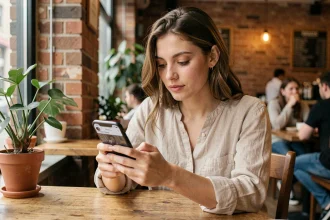 Jeune femme consultant Instagram sur son smartphone dans un café, idéale pour illustrer les meilleures heures de publication sur Instagram