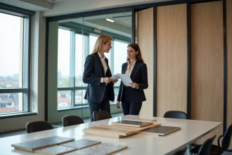 Femme d'affaires discutant d'échantillons de construction à Lille