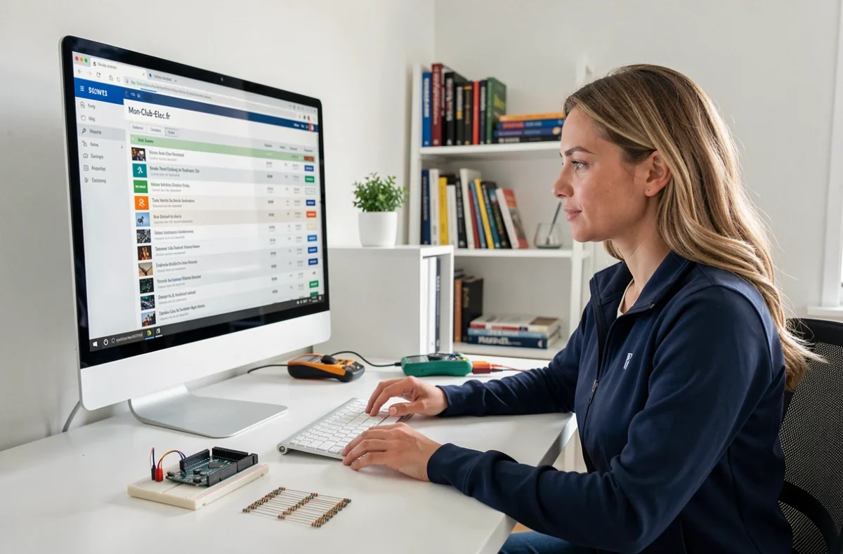 Femme ingénieure consultant la liste d'outils Mon-Club-Elec sur un grand écran avec un projet Arduino sur son bureau