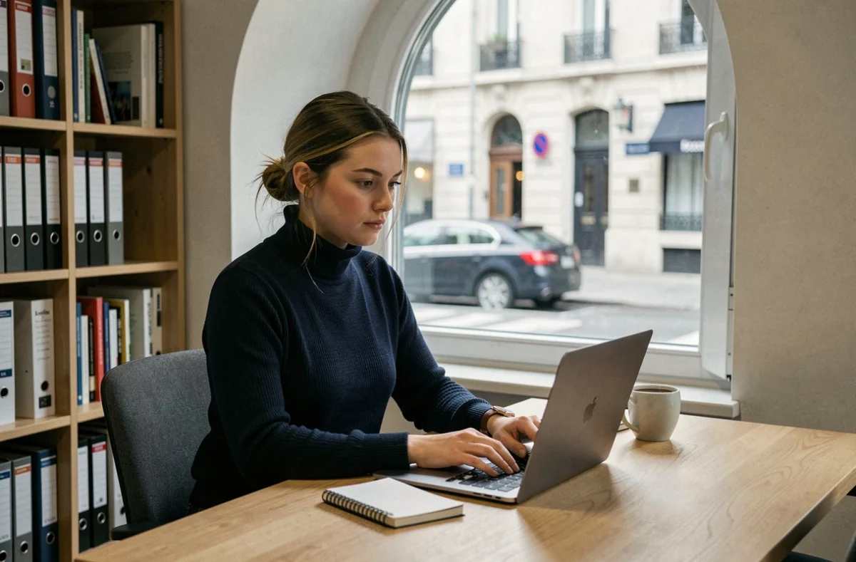 Jeune femme travaillant seule dans un espace de coworking à Reims devant une grande fenêtre donnant sur la rue