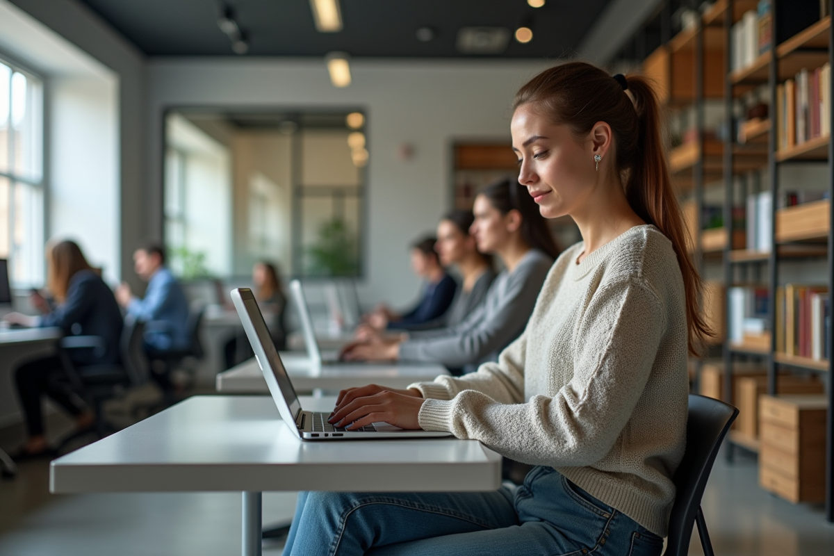 Femme travaillant dans un espace de coworking dynamique