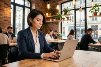 Femme en blazer marine travaillant sur un ordinateur portable dans un espace de coworking moderne à Lyon avec murs en briques apparentes
