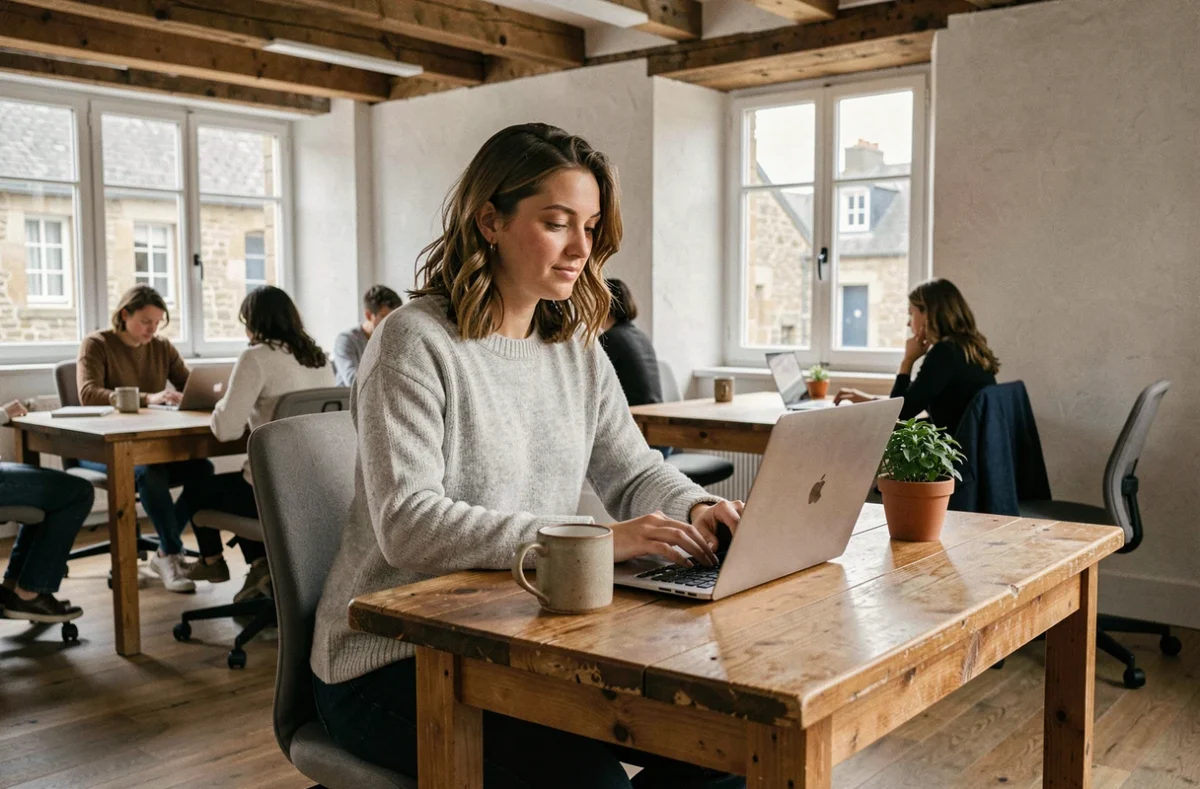 Femme travaillant dans un espace de coworking à Quimper, assise à un bureau en bois avec un ordinateur portable et un café
