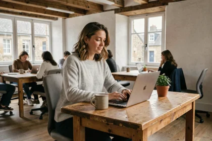 Femme travaillant dans un espace de coworking à Quimper, assise à un bureau en bois avec un ordinateur portable et un café