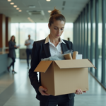 Femme d'affaires avec carton devant bureau moderne