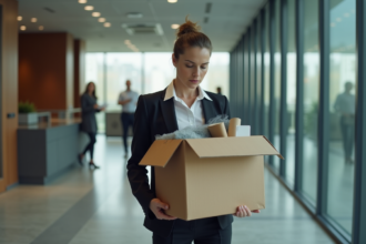 Femme d'affaires avec carton devant bureau moderne