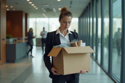 Femme d'affaires avec carton devant bureau moderne