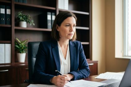 Professionnelle en blazer marine révisant des documents juridiques pour la publication d'une annonce légale de SCI dans un cabinet notarial