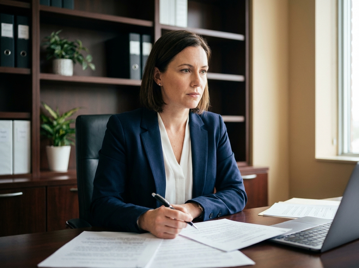Professionnelle en blazer marine révisant des documents juridiques pour la publication d'une annonce légale de SCI dans un cabinet notarial