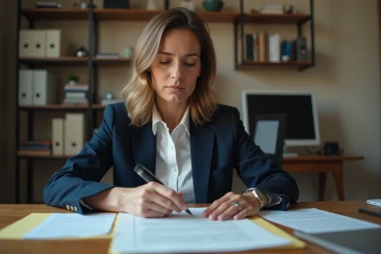 Femme professionnelle étudiant des documents juridiques liés à ses droits au chômage après un licenciement pour faute lourde