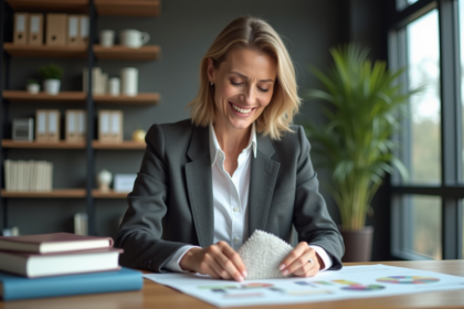Femme d affaires examine un échantillon de tissu dans un bureau moderne