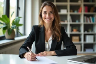 Femme souriante écrivant une note de remerciement dans un bureau lumineux