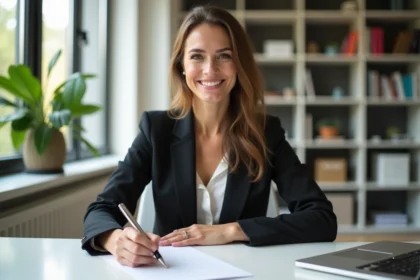 Femme souriante écrivant une note de remerciement dans un bureau lumineux