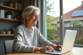 Femme consultant son espace client EDF ENR Solaire sur un ordinateur portable à son bureau à domicile