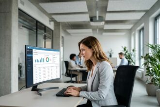 Femme professionnelle consultant une solution de facturation électronique sur ordinateur dans un bureau moderne