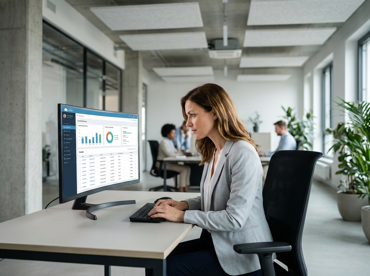 Femme professionnelle consultant une solution de facturation électronique sur ordinateur dans un bureau moderne