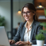 Femme confiante en formation en ligne dans un bureau moderne