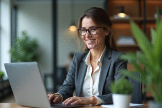 Femme confiante en formation en ligne dans un bureau moderne