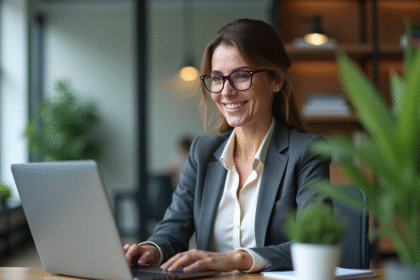 Femme confiante en formation en ligne dans un bureau moderne