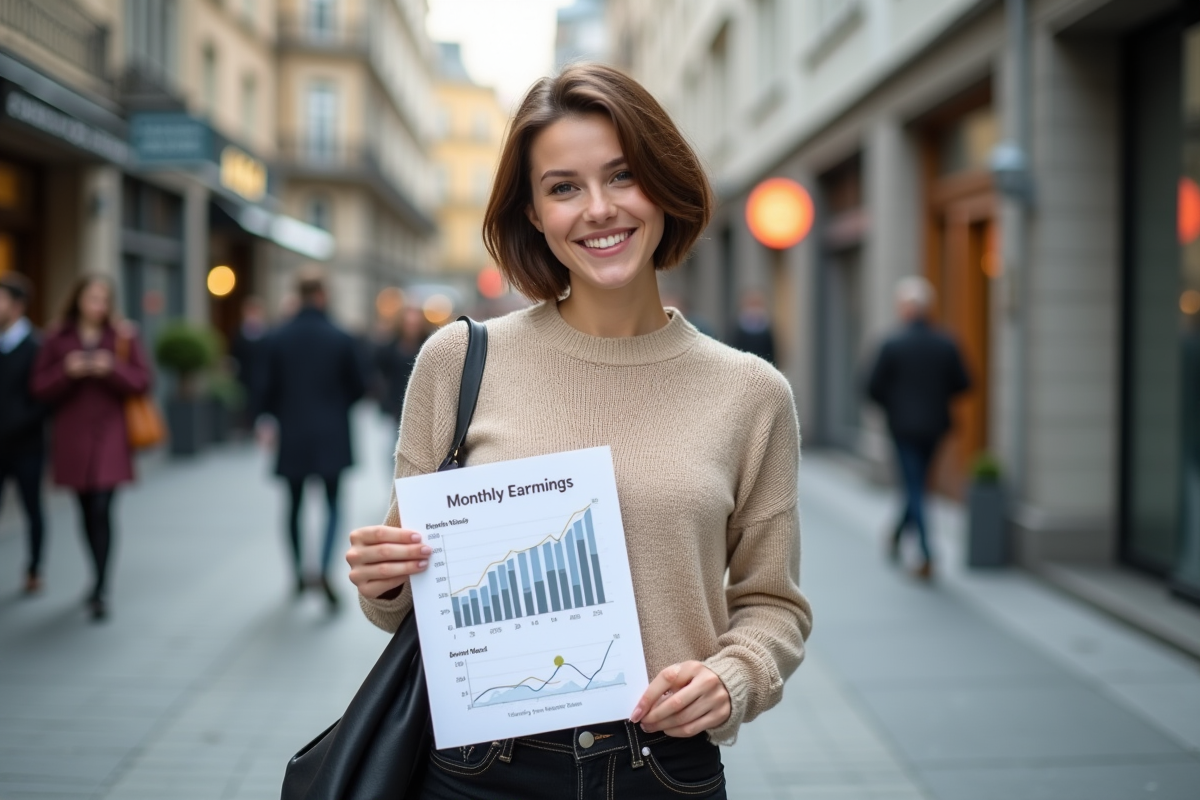 Femme souriante tient un graphique de revenus en ville