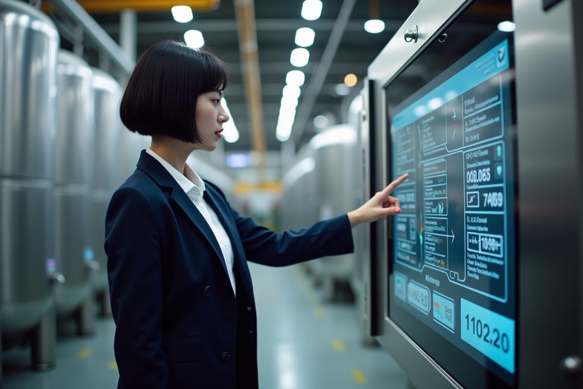 Jeune femme contrôlant un panneau dans hall industriel